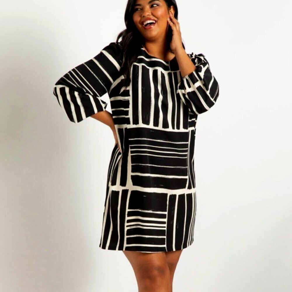 Eloquii Puff Sleeve Easy T Dress Shift Multi Grid New Years Eve Holiday Party 16